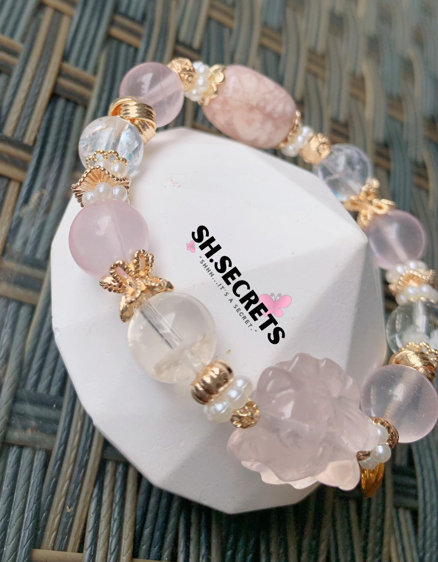 Premium White Snowflake Phantom, Sakura Agate, Rose Quartz, Crackled Clear Quartz