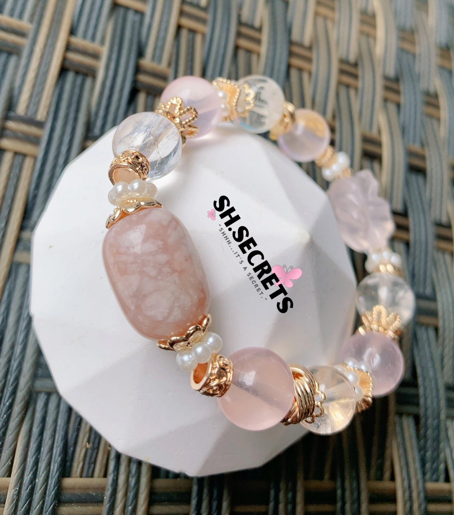 Premium White Snowflake Phantom, Sakura Agate, Rose Quartz, Crackled Clear Quartz