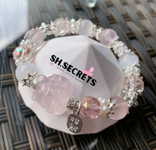 Rose Quartz, White Selenite, Crackled Quartz (Pink)