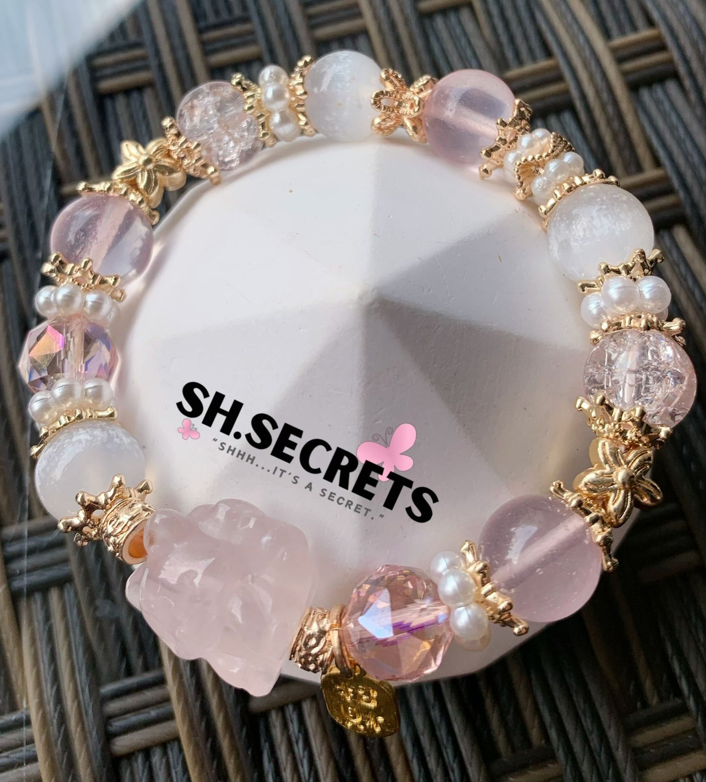 Rose Quartz, White Selenite, Crackled Quartz (Pink)
